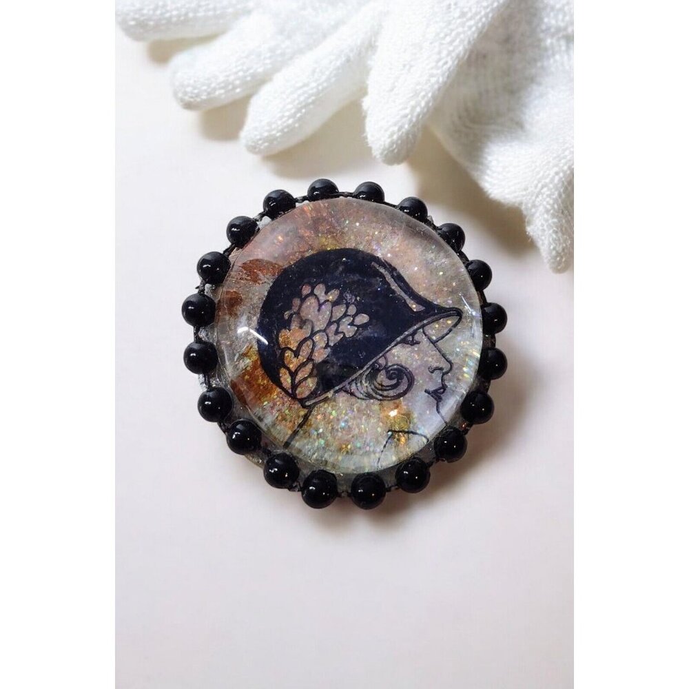 Art Deco Great Gatsby Girl Brooch Pin Artisan Convex Glass Signed Sue Arys